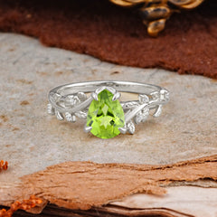 Nature-Inspired Vine-Entwined 4-Prong Teardrop-Cut Peridot Engagement Ring