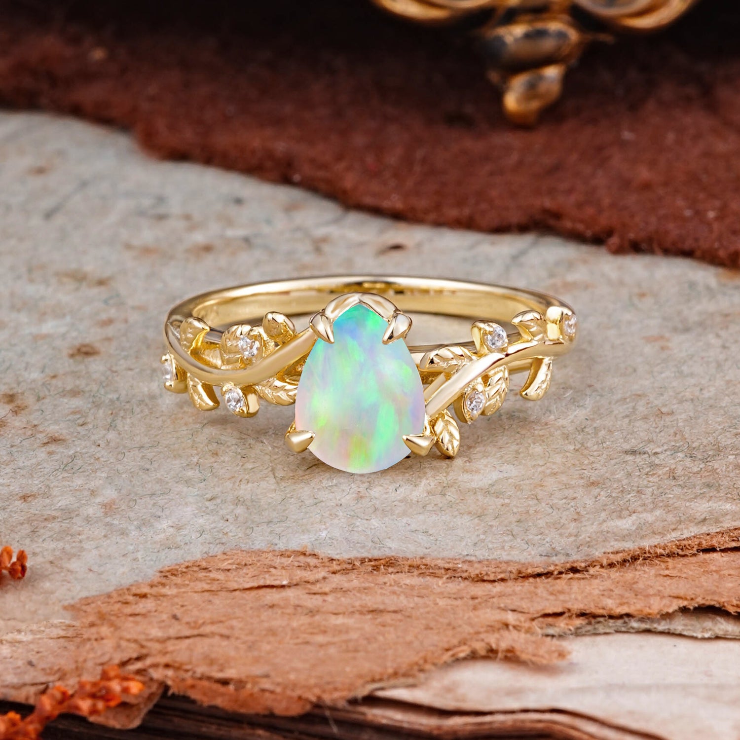 Nature-Inspired Vine-Entwined 4-Prong Teardrop-Cut Opal Engagement Ring