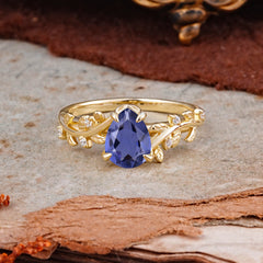 Nature-Inspired Vine-Entwined 4-Prong Teardrop-Cut Tanzanite Engagement Ring