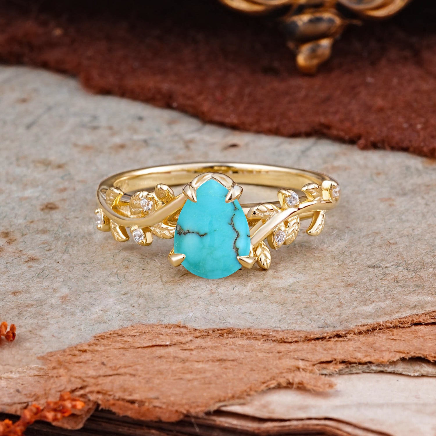 Nature-Inspired Vine-Entwined 4-Prong Pear-Cut Turquoise Engagement Ring