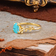 Nature-Inspired Vine-Entwined 4-Prong Teardrop-Cut Turquoise Engagement Ring