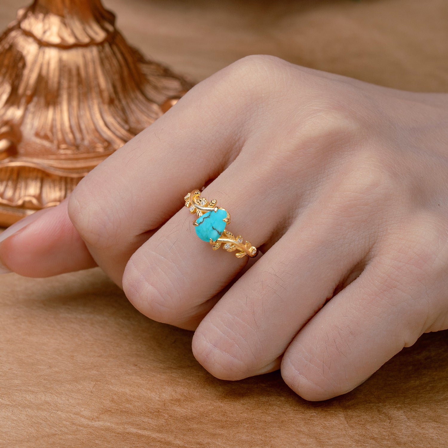 Nature-Inspired Vine-Entwined 4-Prong Pear-Cut Turquoise Engagement Ring