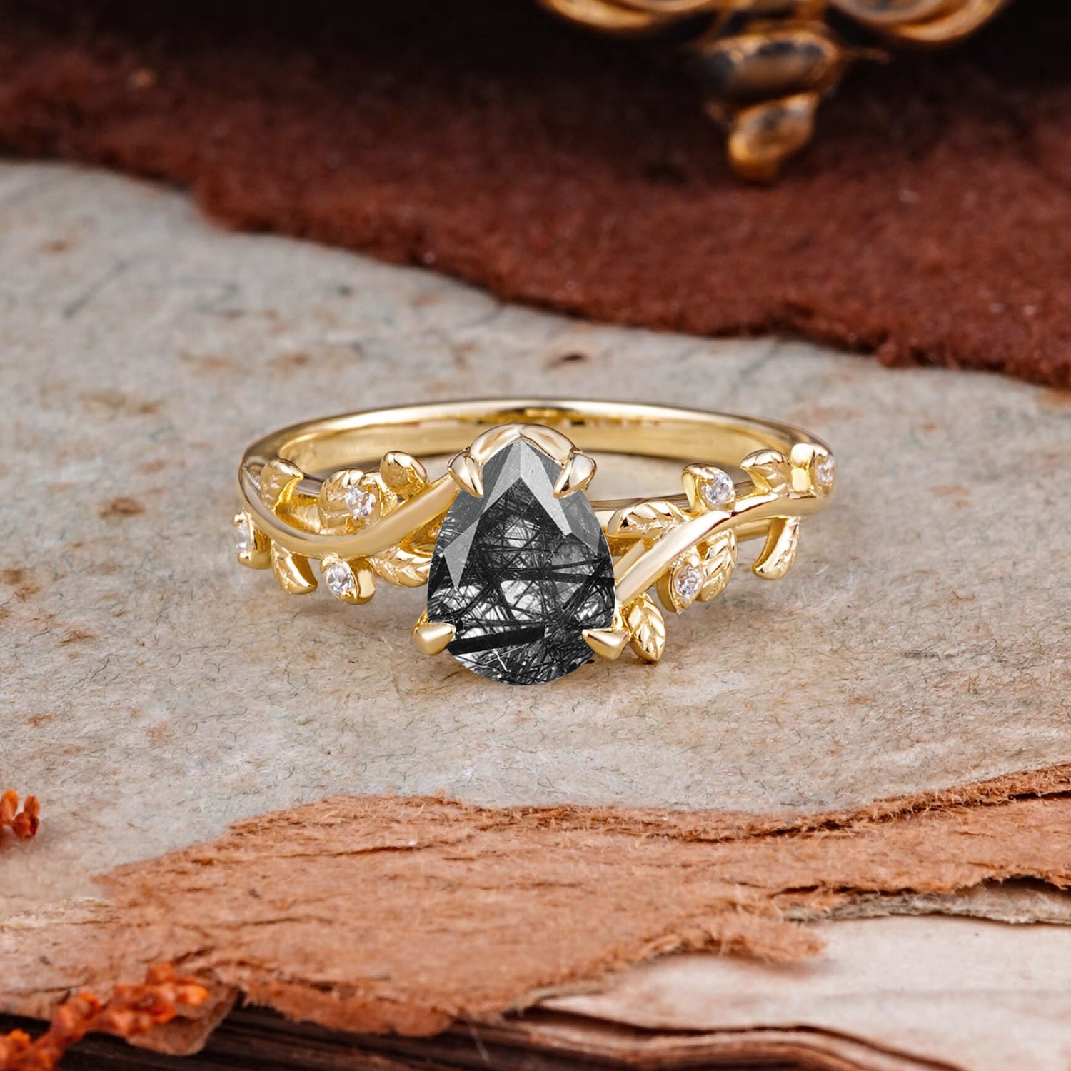 Nature-Inspired Vine-Entwined 4-Prong Pear-Cut Black Rutilated Quartz Engagement Ring