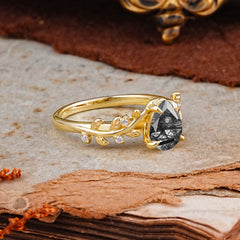 Nature-Inspired Vine-Entwined 4-Prong Teardrop-Cut Black Rutilated Quartz Engagement Ring
