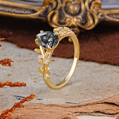 Nature-Inspired Vine-Entwined 4-Prong Teardrop-Cut Black Rutilated Quartz Engagement Ring