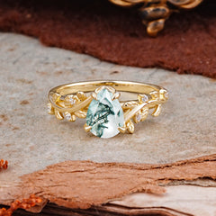 Nature-Inspired Vine-Entwined 4-Prong Teardrop-Cut Natural Moss Agate Engagement Ring