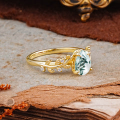 Nature-Inspired Vine-Entwined 4-Prong Teardrop-Cut Natural Moss Agate Engagement Ring