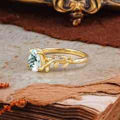Nature-Inspired Vine-Entwined 4-Prong Teardrop-Cut Natural Moss Agate Engagement Ring