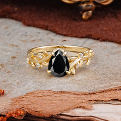Nature-Inspired Vine-Entwined 4-Prong Teardrop-Cut Black Onyx Engagement Ring