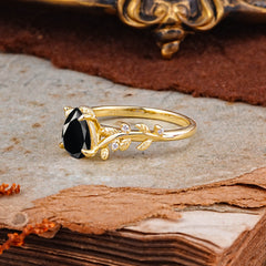 Nature-Inspired Vine-Entwined 4-Prong Teardrop-Cut Black Onyx Engagement Ring