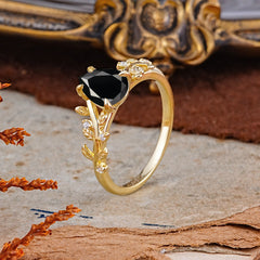 Nature-Inspired Vine-Entwined 4-Prong Teardrop-Cut Black Onyx Engagement Ring