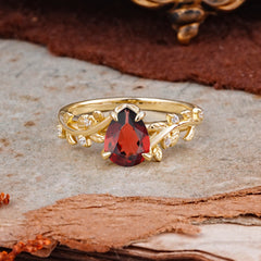 Nature-Inspired Vine-Entwined 4-Prong Teardrop-Cut Garnet Engagement Ring