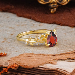 Nature-Inspired Vine-Entwined 4-Prong Teardrop-Cut Garnet Engagement Ring