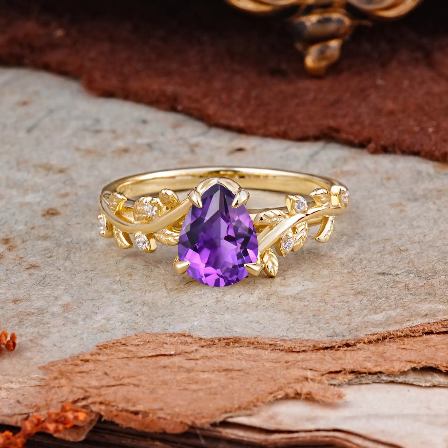 Nature-Inspired Vine-Entwined 4-Prong Teardrop-Cut Amethyst Engagement Ring