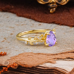 Nature-Inspired Vine-Entwined 4-Prong Teardrop-Cut Amethyst Engagement Ring