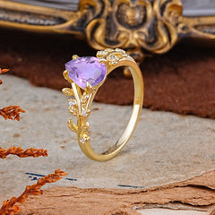 Nature-Inspired Vine-Entwined 4-Prong Teardrop-Cut Amethyst Engagement Ring