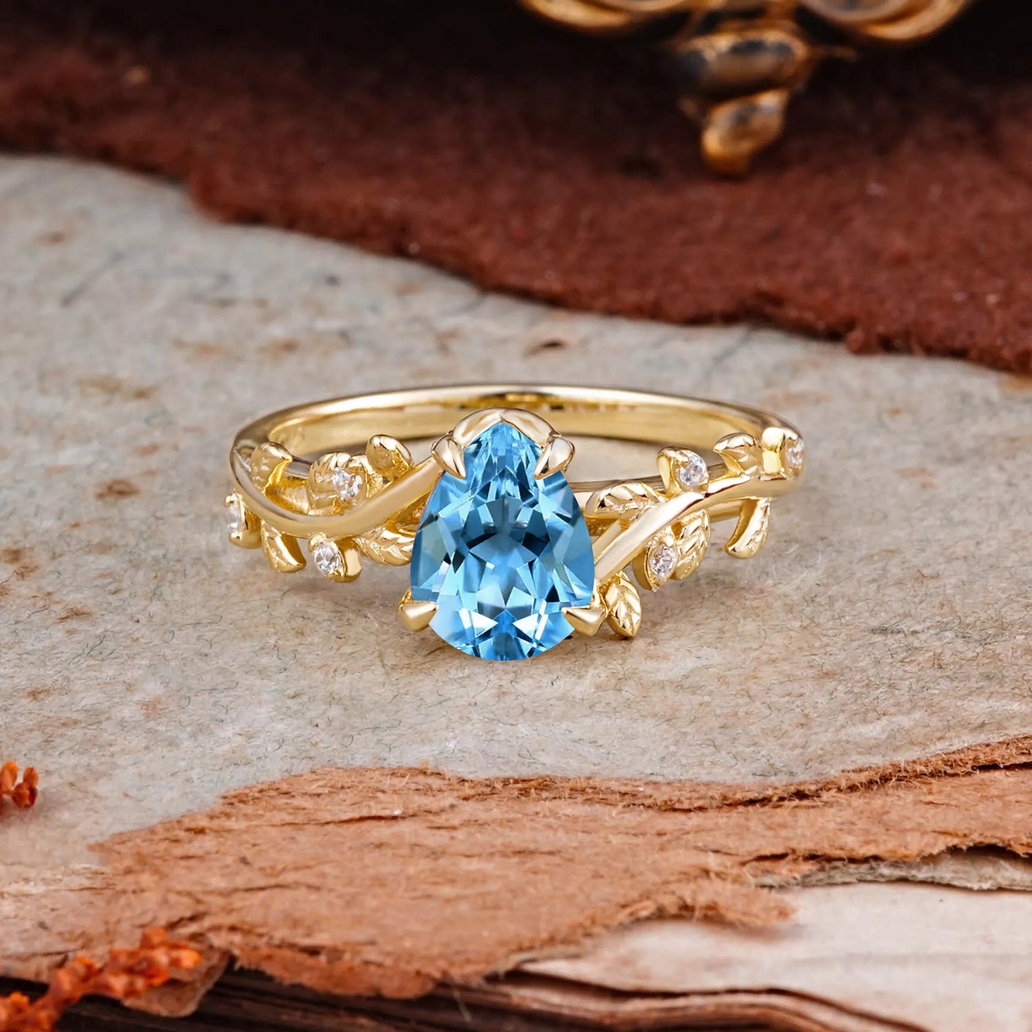 Nature-Inspired Vine-Entwined 4-Prong Teardrop-Cut Aquamarine Engagement Ring