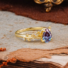 Nature-Inspired Vine-Entwined 4-Prong Teardrop-Cut Alexandrite Engagement Ring