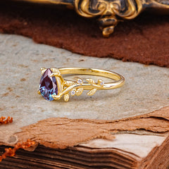Nature-Inspired Vine-Entwined 4-Prong Teardrop-Cut Alexandrite Engagement Ring