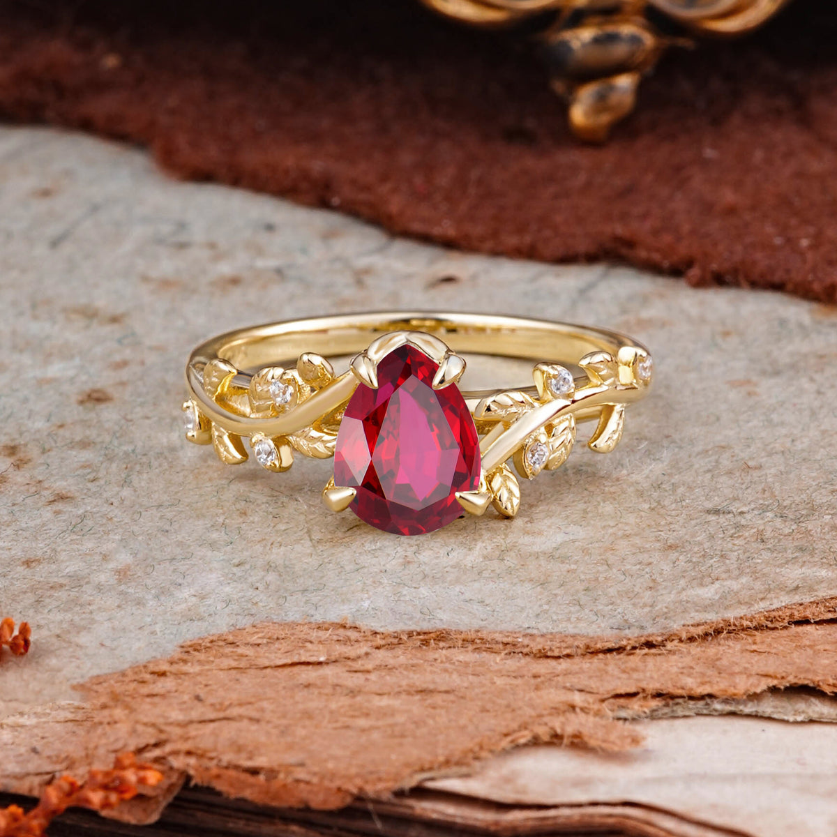 Nature-Inspired Vine-Entwined 4-Prong Teardrop-Cut Ruby Engagement Ring