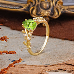Nature-Inspired Vine-Entwined 4-Prong Teardrop-Cut Peridot Engagement Ring