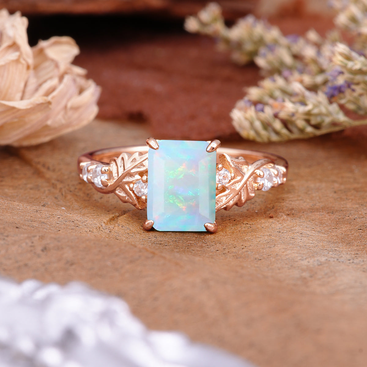 Nature-Inspired Emerald Cut Fire Opal Engagement Ring - Additional view