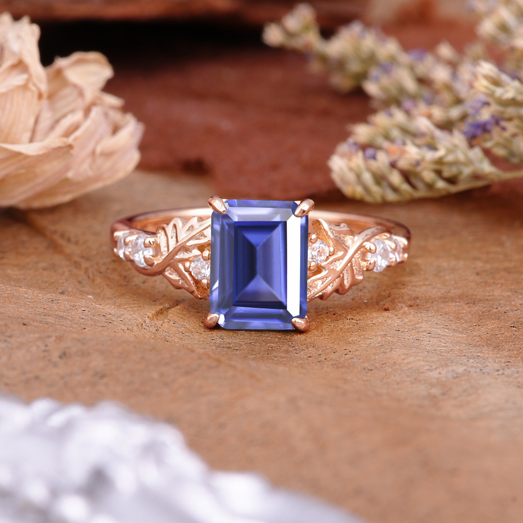 Nature-Inspired Emerald Cut Tanzanite Engagement Ring - Additional view