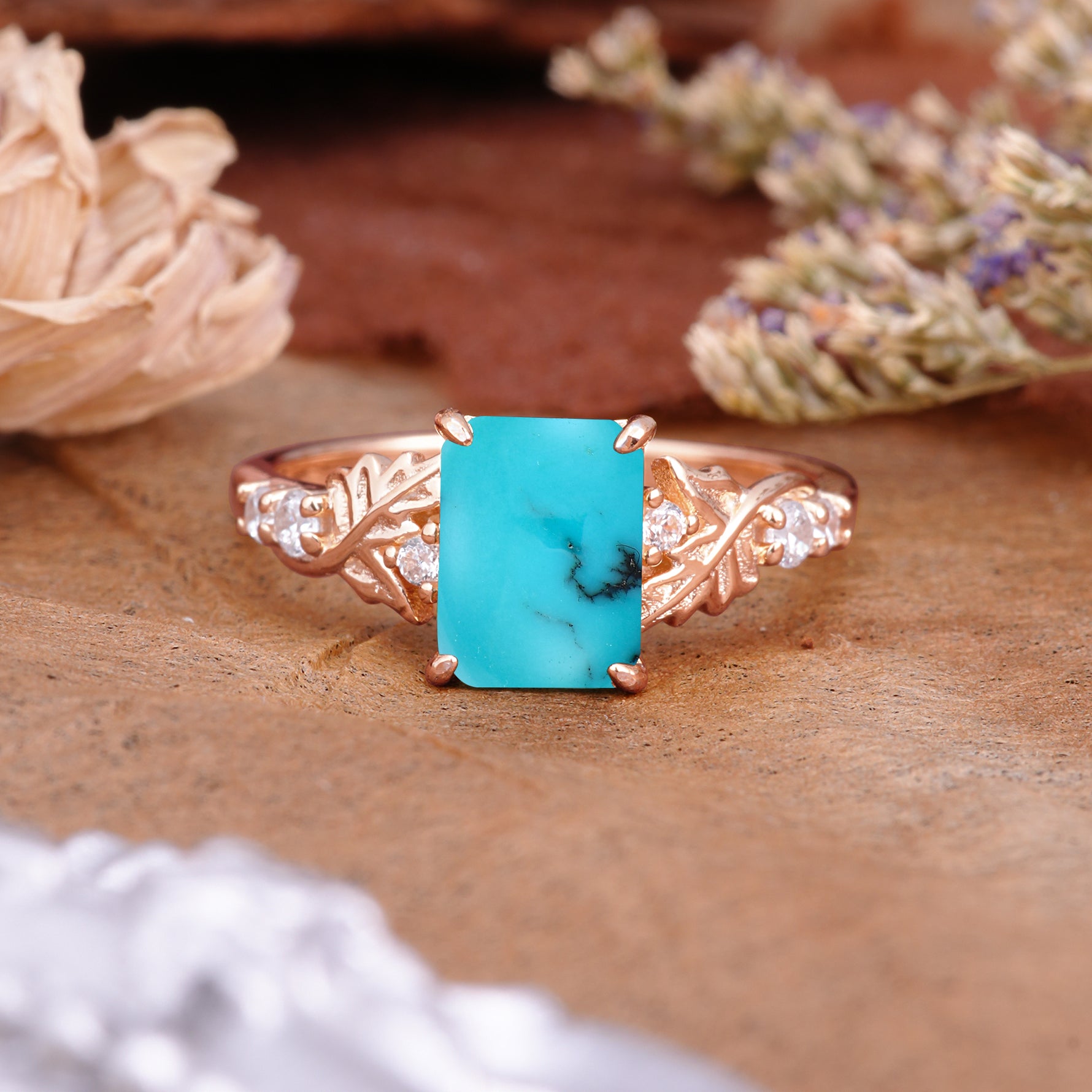 Nature-Inspired Emerald Cut Turquoise Engagement Ring - Additional view