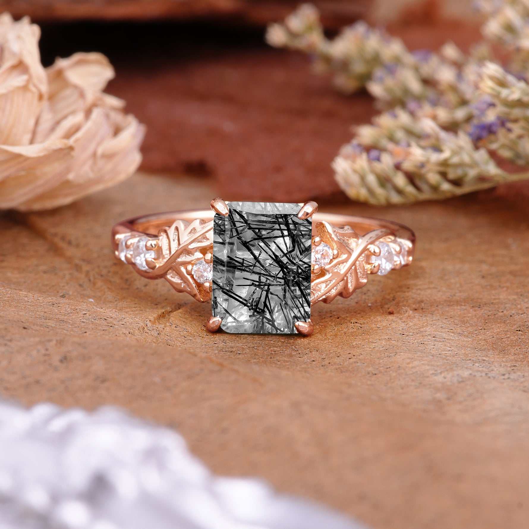 Nature-Inspired Emerald Cut Black Rutilated Quartz Engagement Ring - Additional view