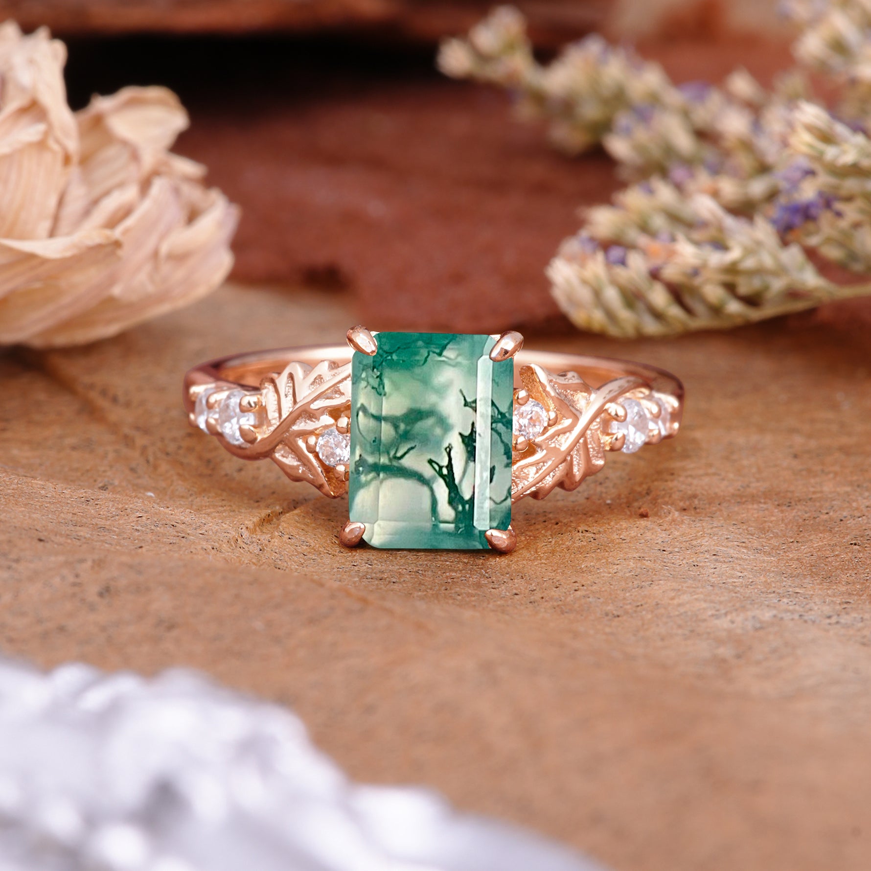 Nature-Inspired Emerald Cut Moss Agate Engagement Ring - Additional view