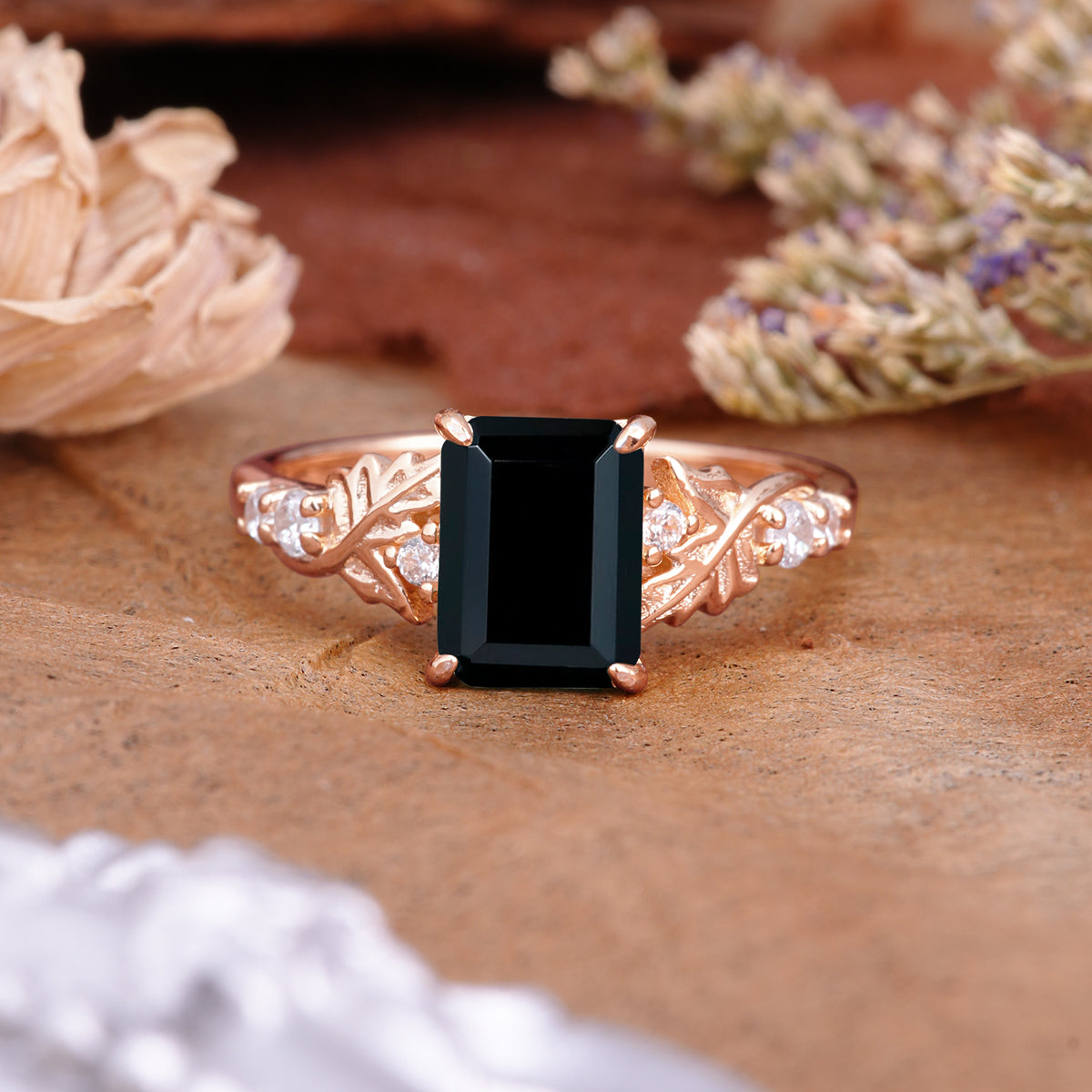 Nature-Inspired Emerald Cut Black Onyx Engagement Ring - Additional view