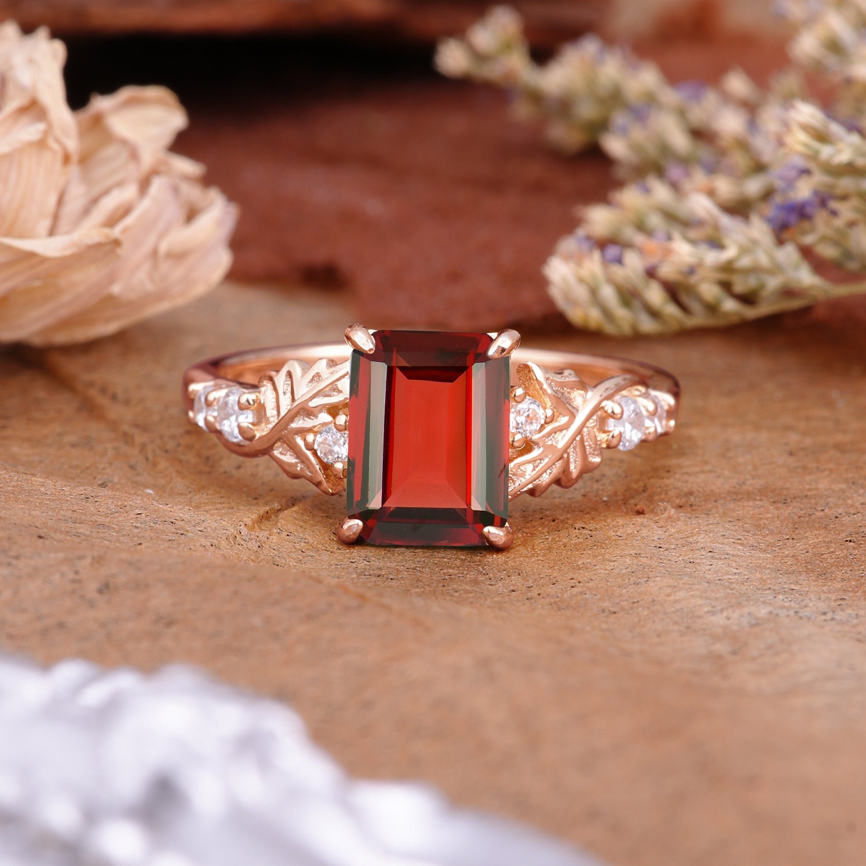 Nature-Inspired Emerald Cut Garnet Engagement Ring - Additional view