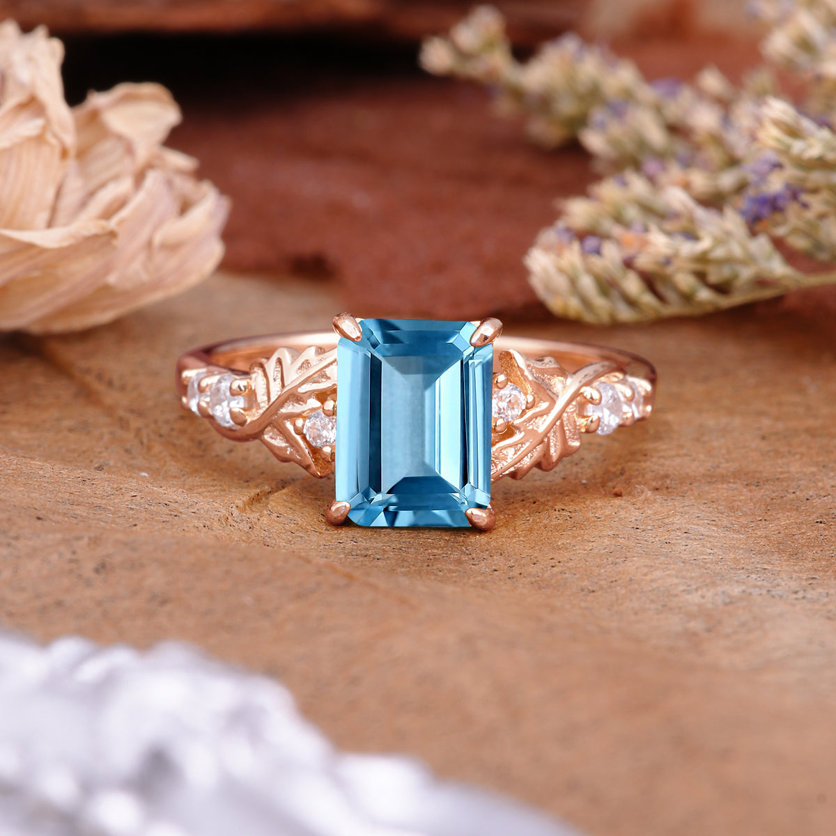 Nature-Inspired Emerald Cut Aquamarine Engagement Ring - Additional view