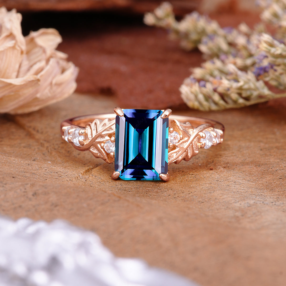 Nature-Inspired Emerald Cut Alexandrite Engagement Ring - Additional view