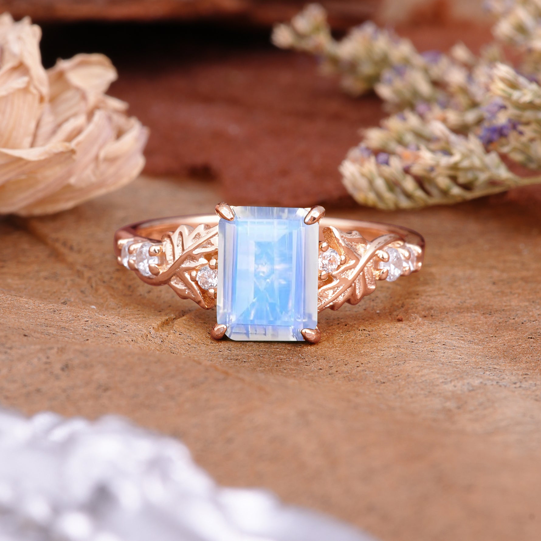 Nature-Inspired Emerald Cut Moonstone Engagement Ring - Additional view