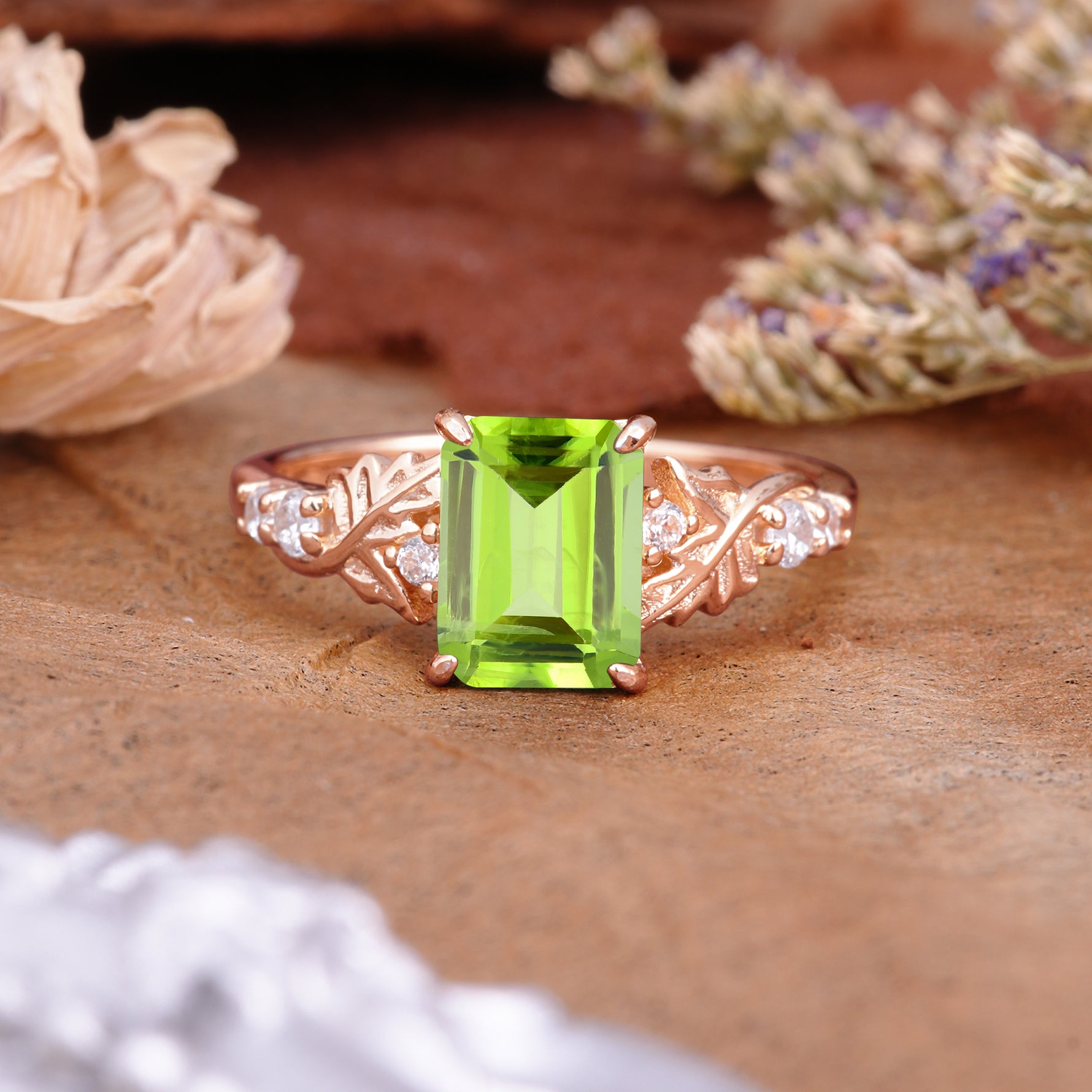 Nature-Inspired Emerald Cut Peridot Engagement Ring - Additional view
