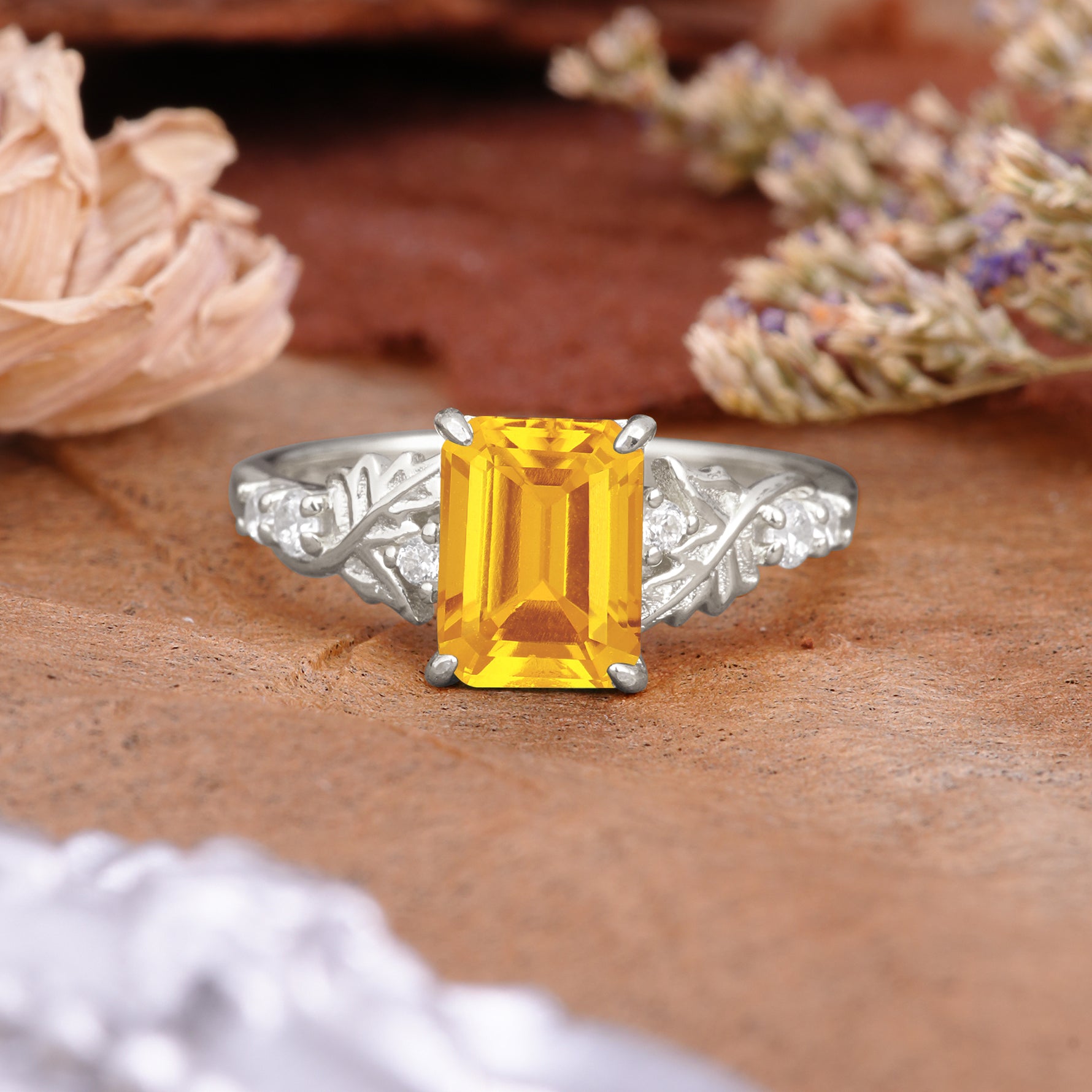 Nature-Inspired Emerald Cut Citrine Engagement Ring - Additional view