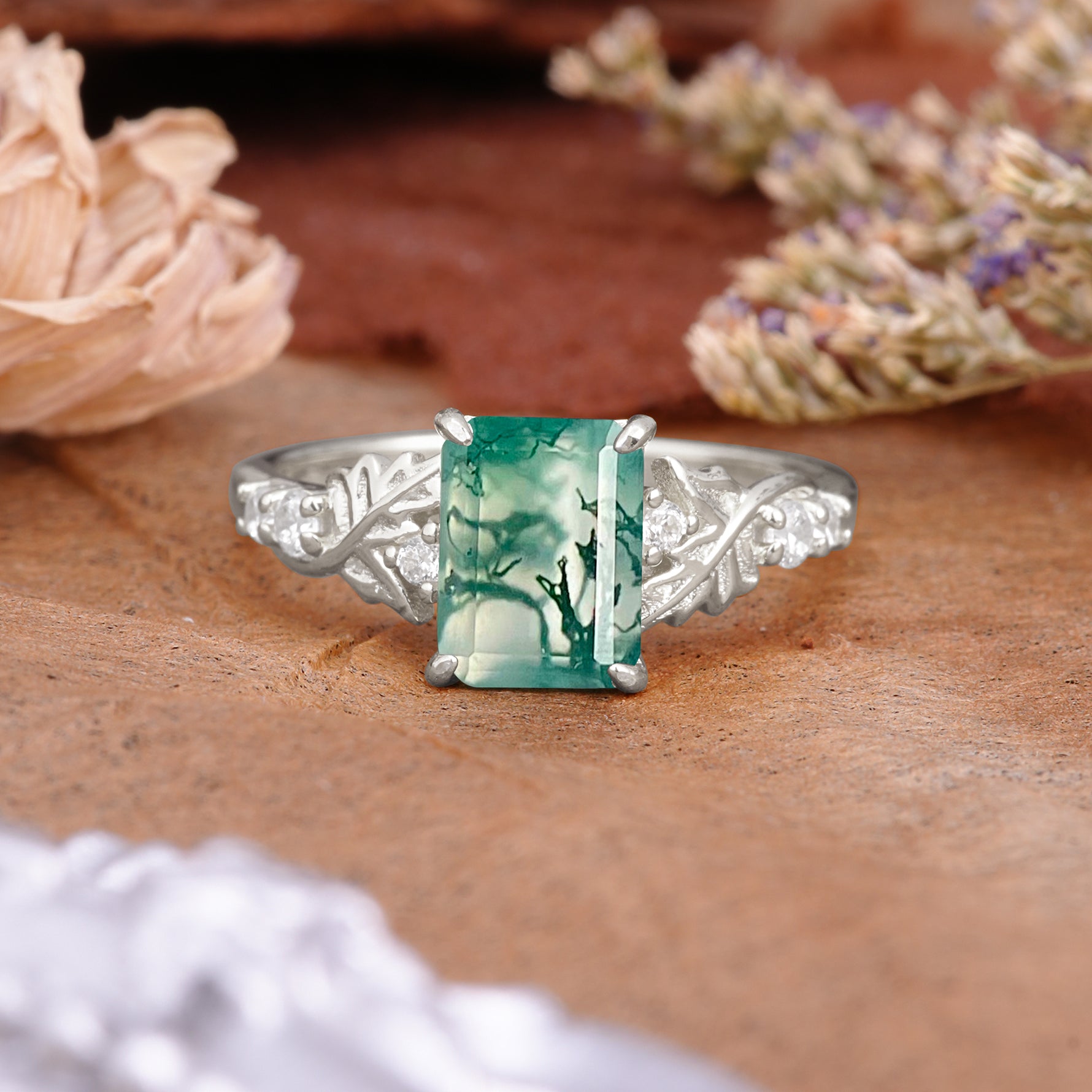 Nature-Inspired Emerald Cut Moss Agate Engagement Ring - Additional view