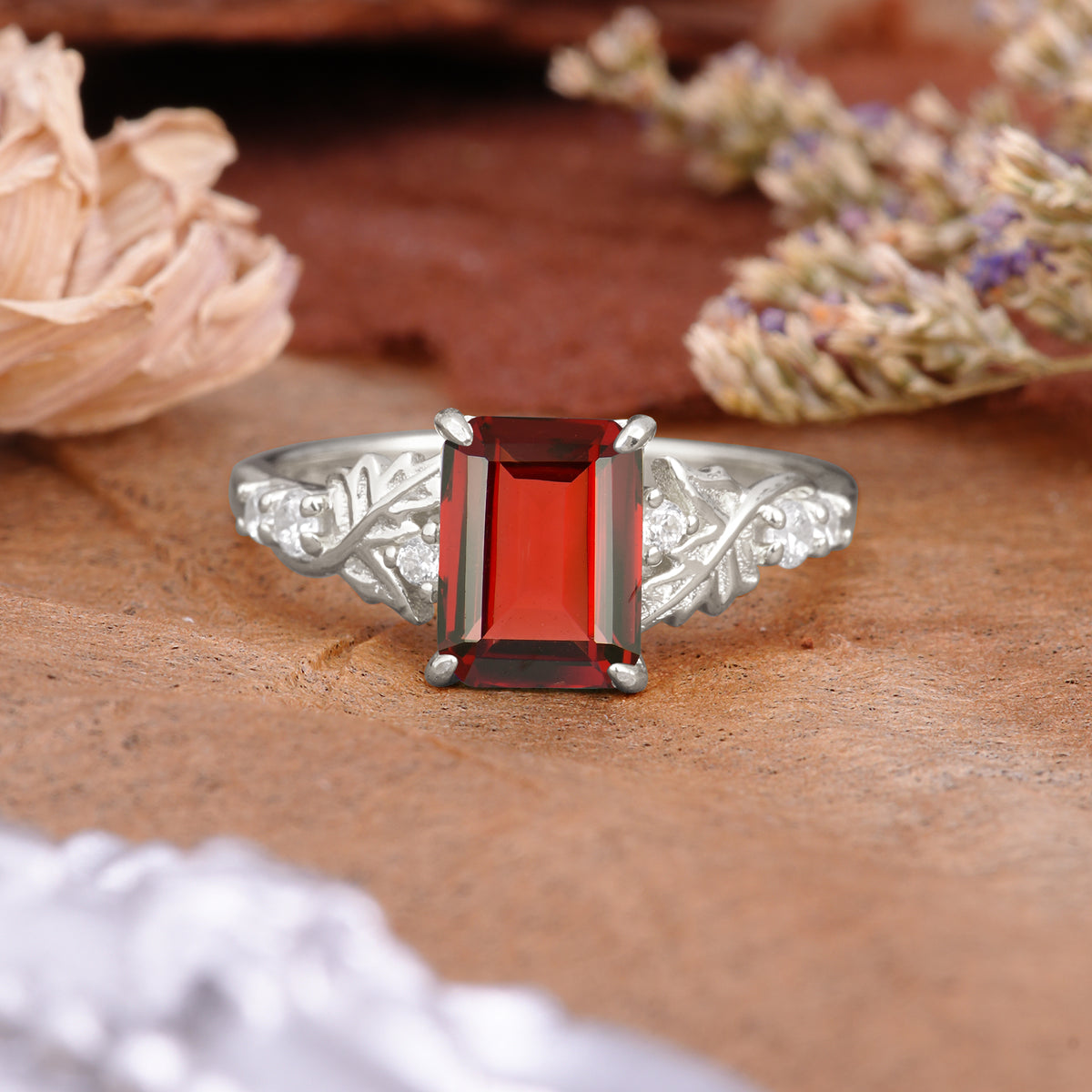 Nature-Inspired Emerald Cut Garnet Engagement Ring - Additional view