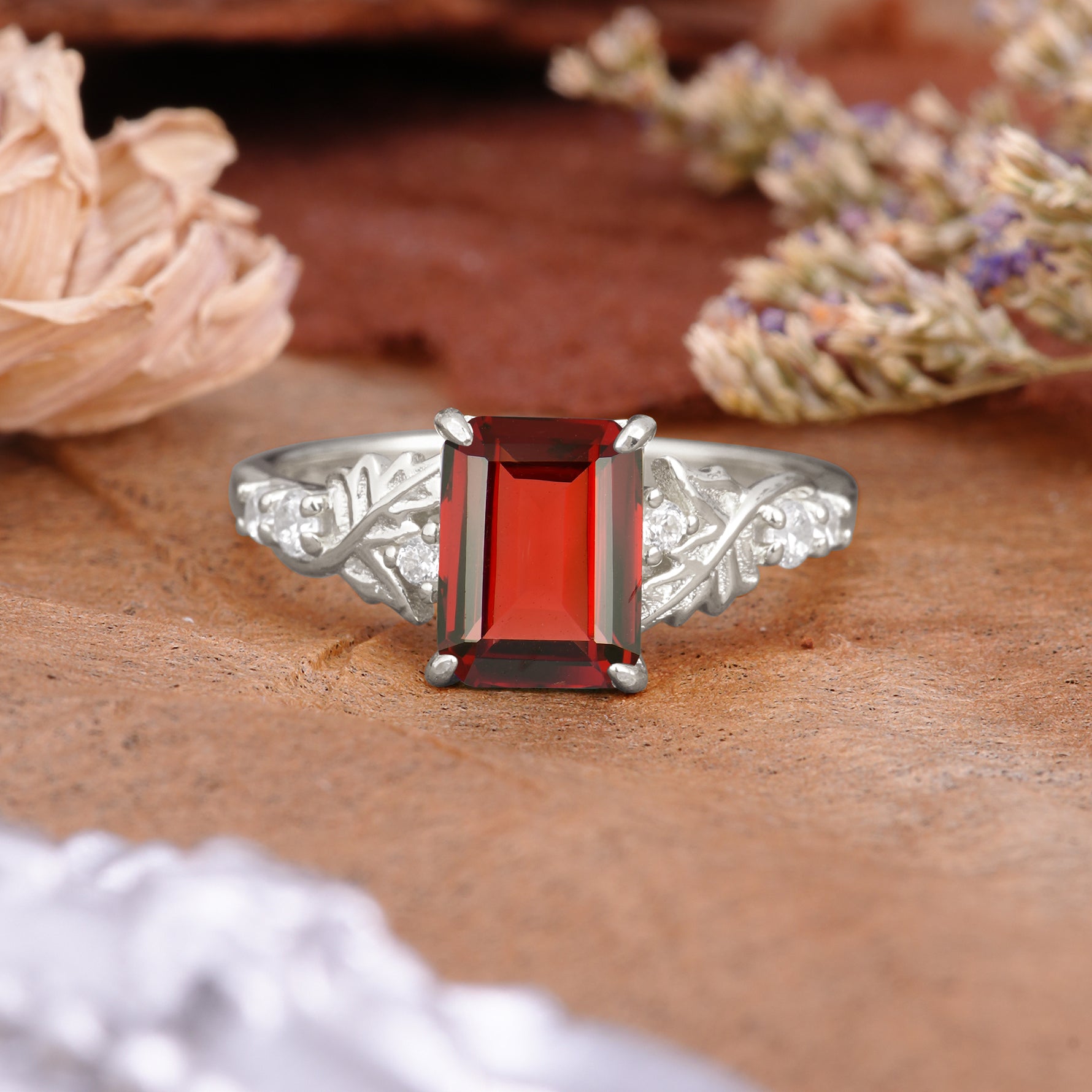 Nature-Inspired Emerald Cut Garnet Engagement Ring - Additional view