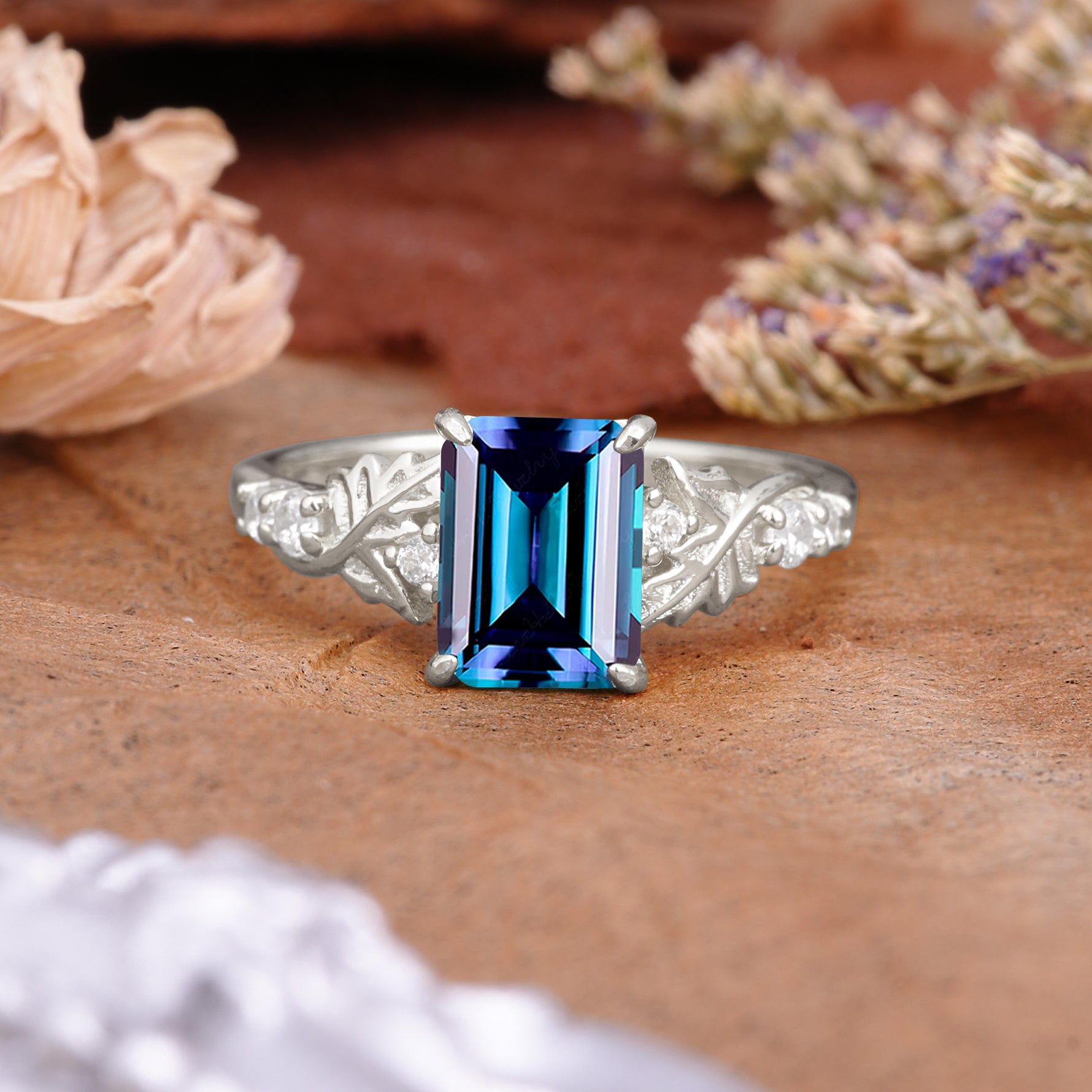Nature-Inspired Emerald Cut Alexandrite Engagement Ring - Additional view