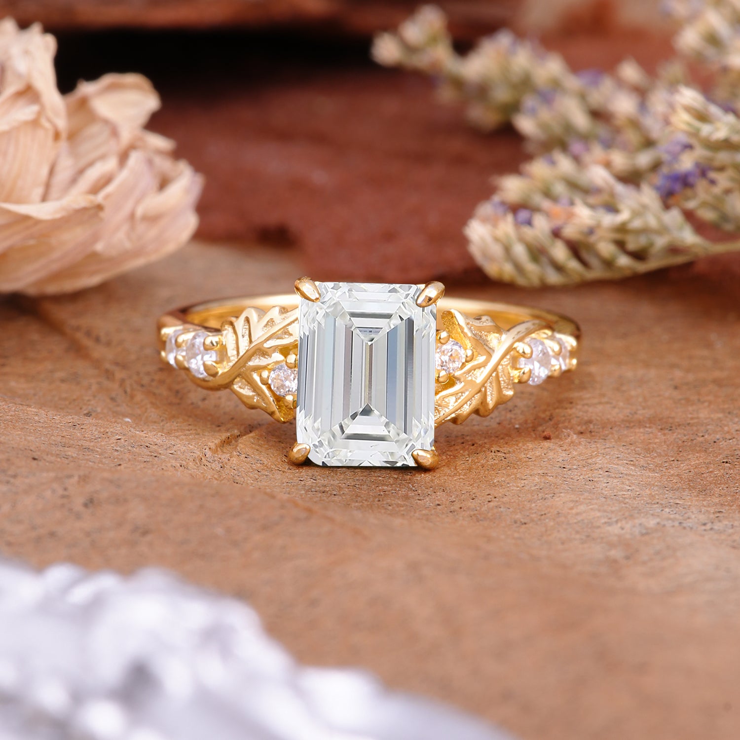 Nature-Inspired Emerald Cut Moissanite Engagement Ring - Additional view