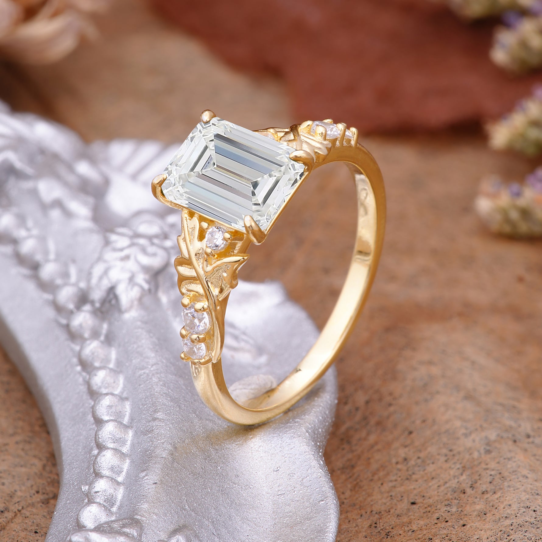 Nature-Inspired Emerald Cut Moissanite Engagement Ring - Additional view