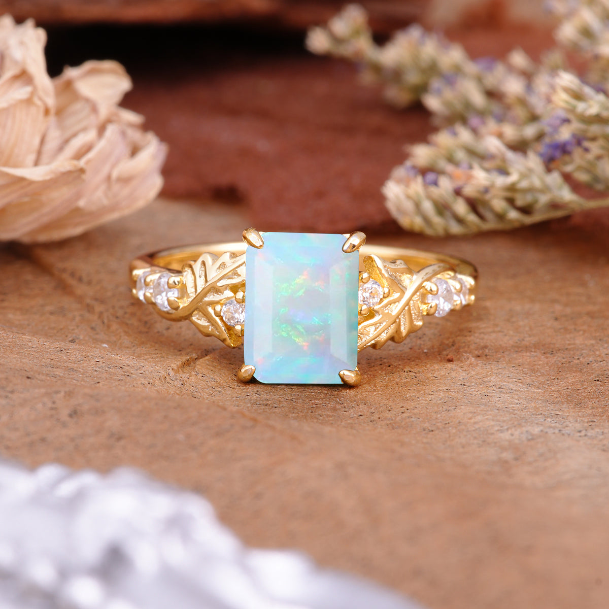 Nature-Inspired Emerald Cut Fire Opal Engagement Ring - Additional view