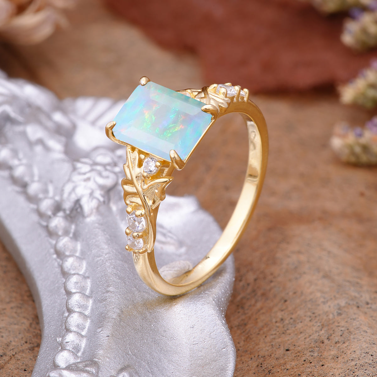 Nature-Inspired Emerald Cut Fire Opal Engagement Ring - Additional view