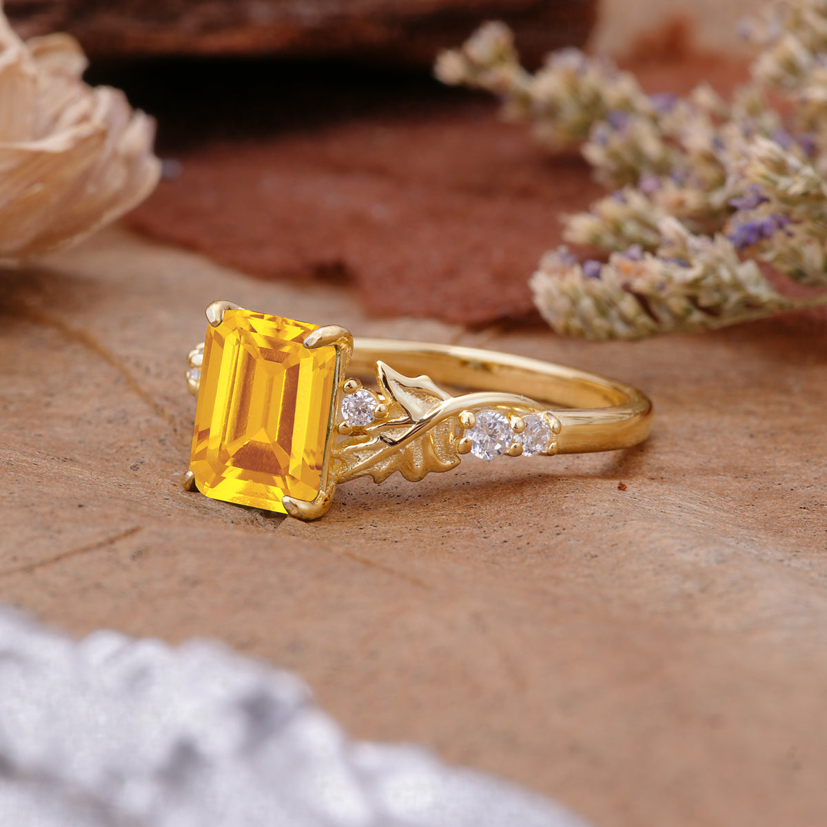 Nature-Inspired Emerald Cut Citrine Engagement Ring - Additional view