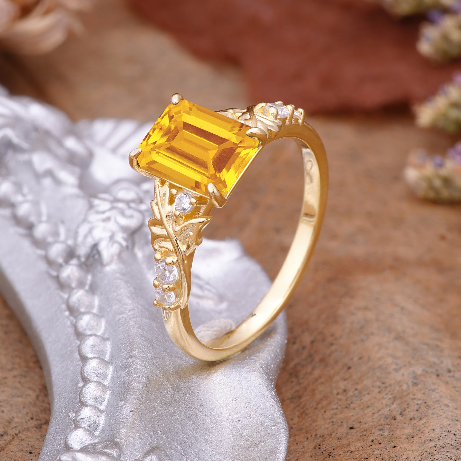 Nature-Inspired Emerald Cut Citrine Engagement Ring - Additional view
