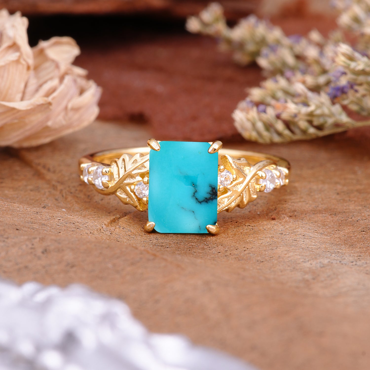 Nature-Inspired Emerald Cut Turquoise Engagement Ring - Additional view