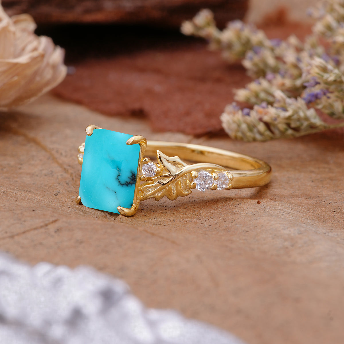 Nature-Inspired Emerald Cut Turquoise Engagement Ring - Additional view