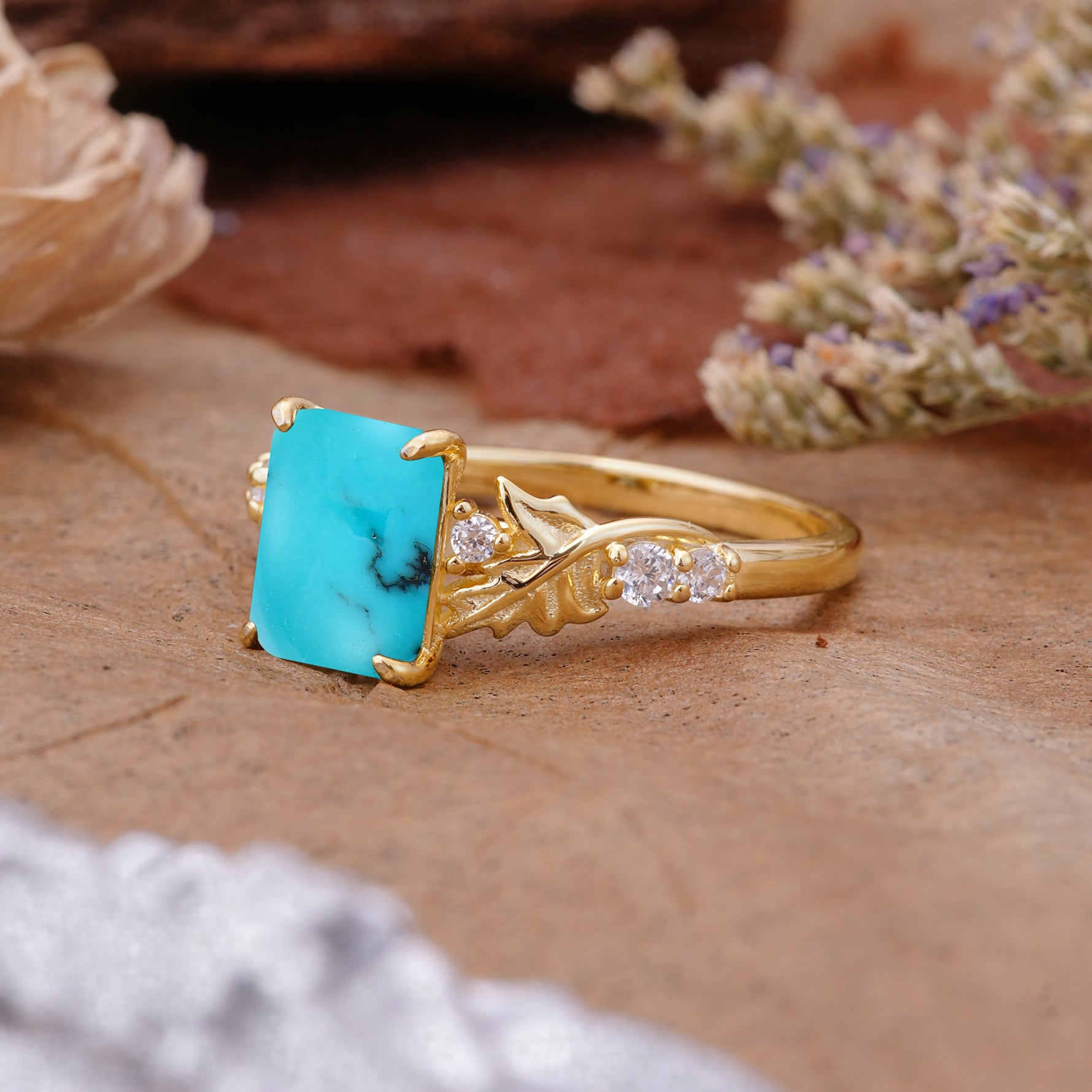 Nature-Inspired Emerald Cut Turquoise Engagement Ring - Additional view